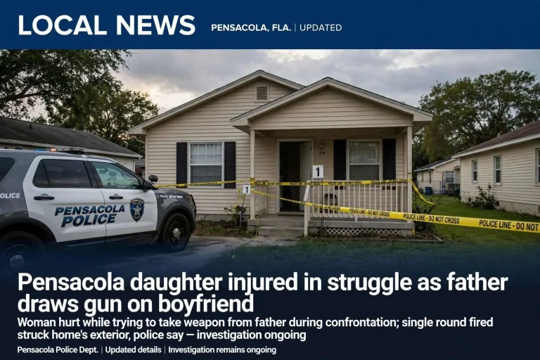 Illustration for the news story: Pensacola daughter injured in struggle as father draws gun on boyfriend