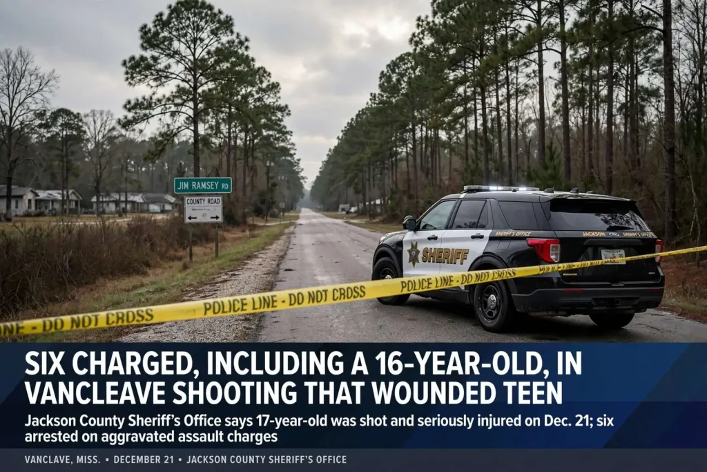 Illustration for the news story: Six Charged, Including a 16-Year-Old, in Vancleave Shooting That Wounded Teen