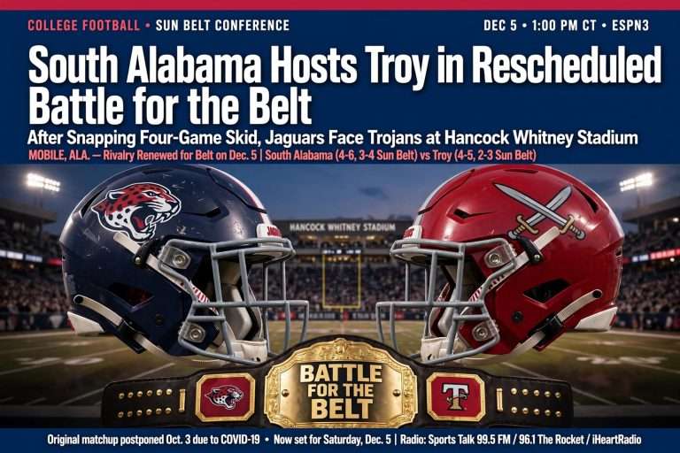 Illustration for the news story: South Alabama Hosts Troy in Rescheduled Battle for the Belt After Snapping Four-Game Skid