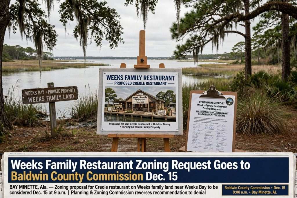 Illustration for the news story: Weeks Family Restaurant Zoning Request Goes to Baldwin County Commission Dec. 15