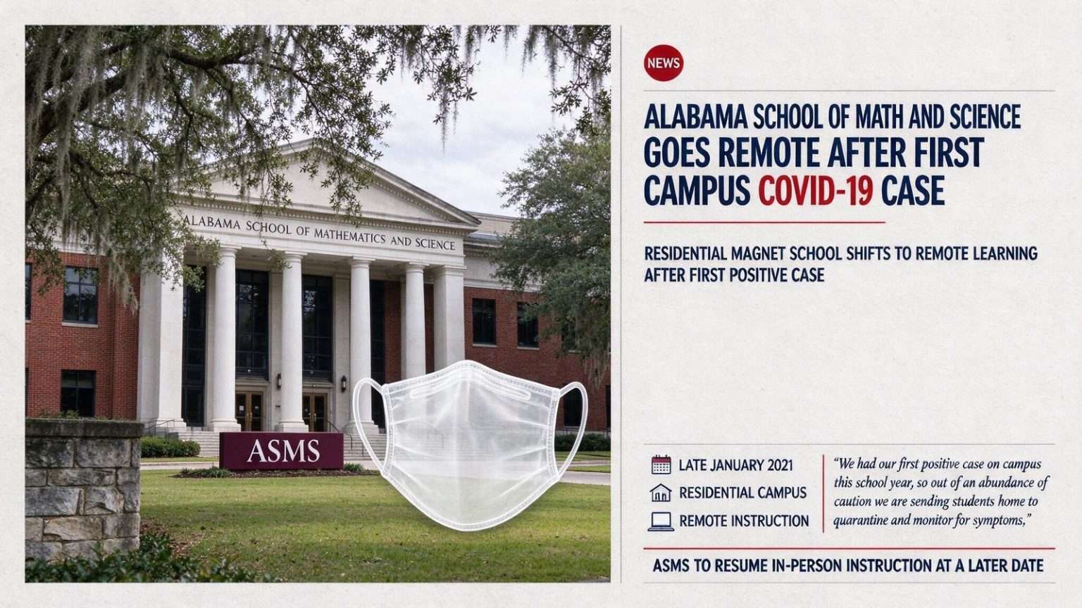 Illustration for the news story: Alabama School of Math and Science Goes Remote After First Campus COVID-19 Case
