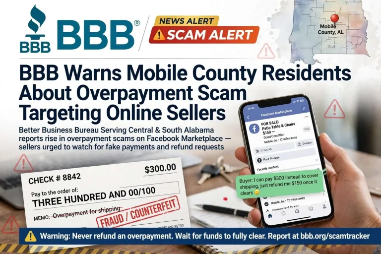 Illustration for the news story: BBB Warns Mobile County Residents About Overpayment Scam Targeting Online Sellers