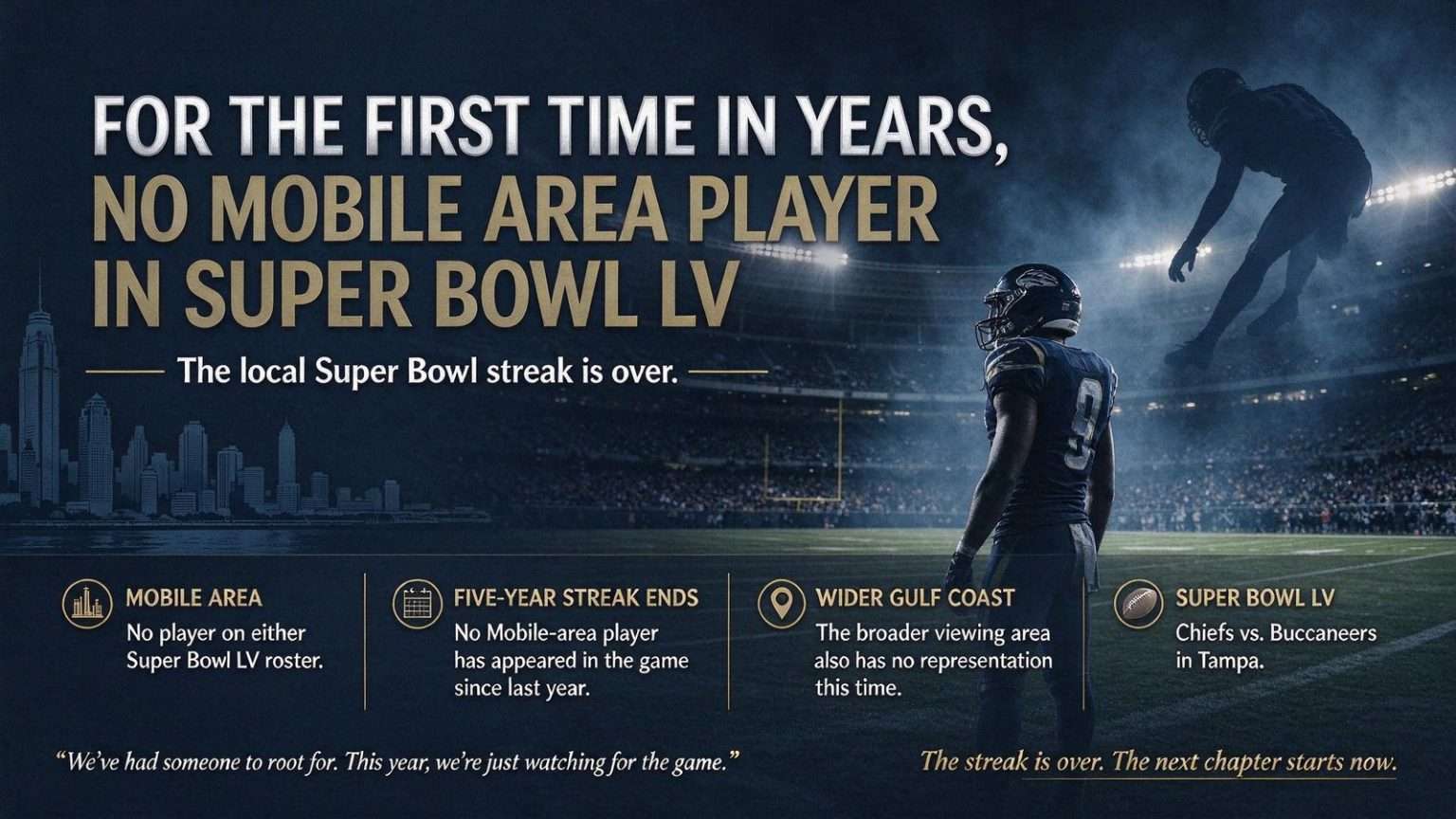 Illustration for the news story: For first time in years, no Mobile area player in Super Bowl LV