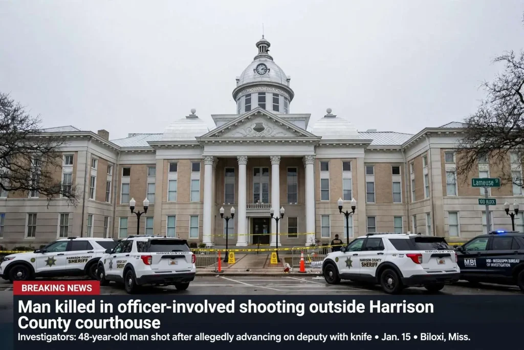 Illustration for the news story: Man killed in officer-involved shooting outside Harrison County courthouse