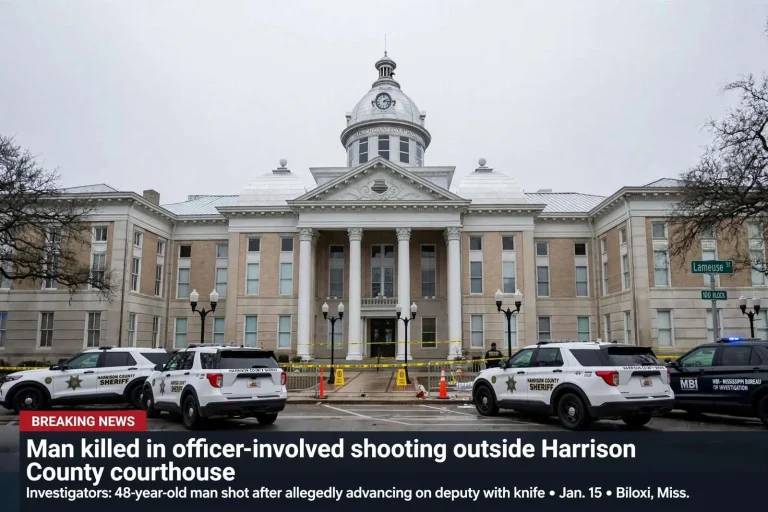 Illustration for the news story: Man killed in officer-involved shooting outside Harrison County courthouse