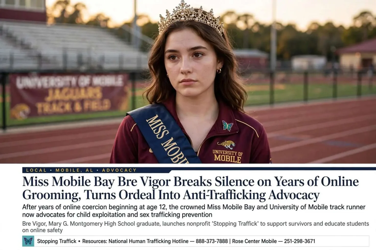 Illustration for the news story: Miss Mobile Bay Bre Vigor Breaks Silence on Years of Online Grooming, Turns Ordeal Into Anti-Trafficking Advocacy