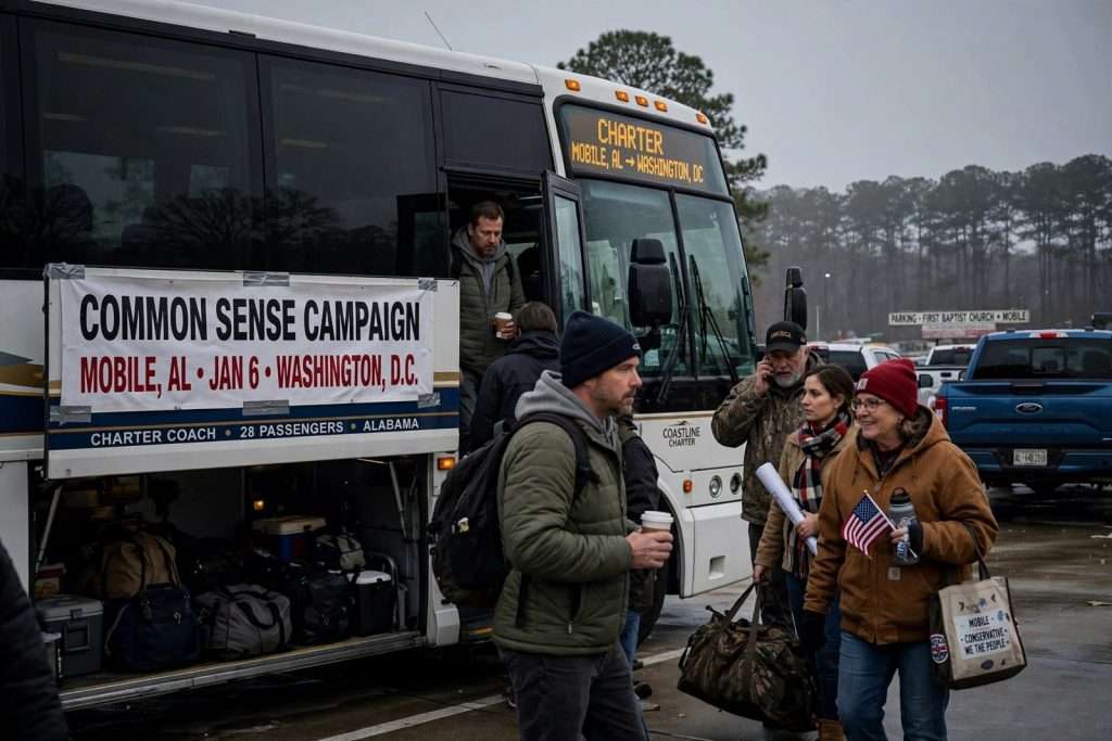 Illustration for the news story: Mobile Area Group Buses to Washington for Jan. 6 Trump Rally