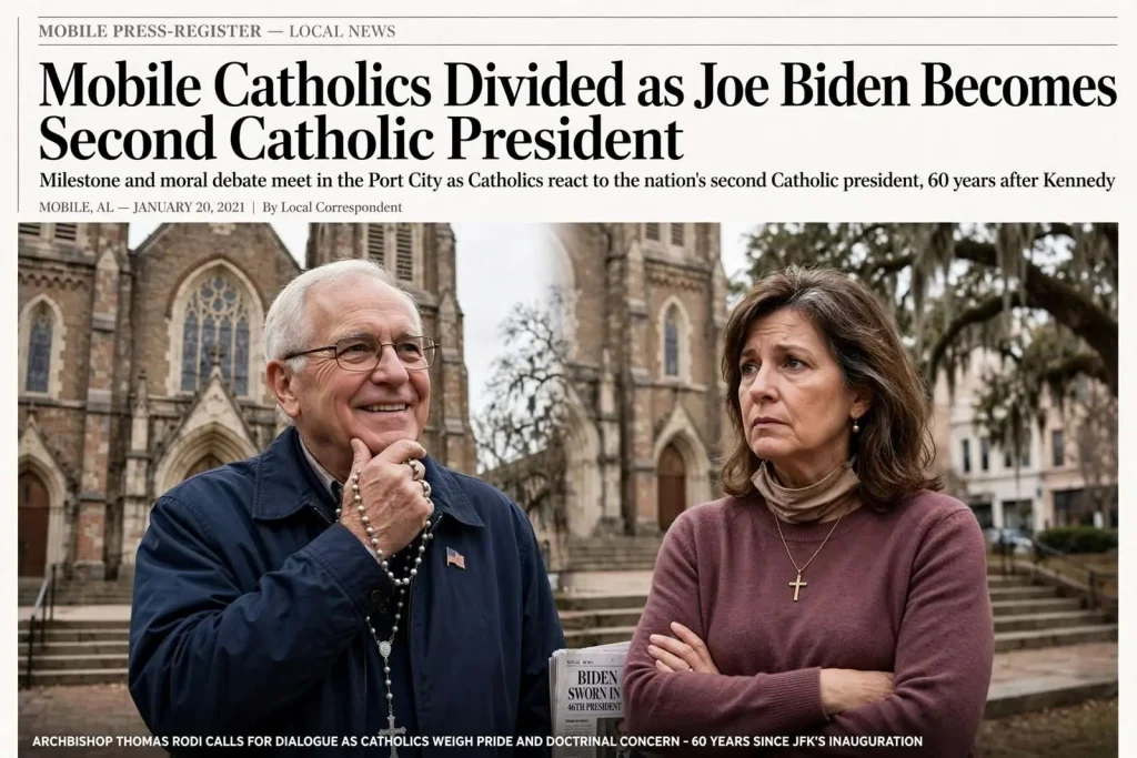 Illustration for the news story: Mobile Catholics Divided as Joe Biden Becomes Second Catholic President