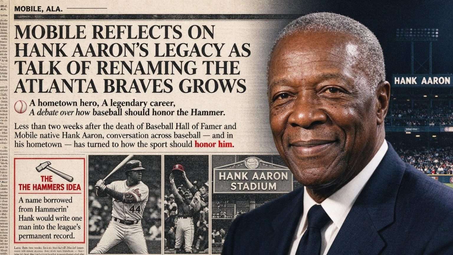 Illustration for the news story: Mobile Reflects on Hank Aaron’s Legacy as Talk of Renaming the Atlanta Braves Grows