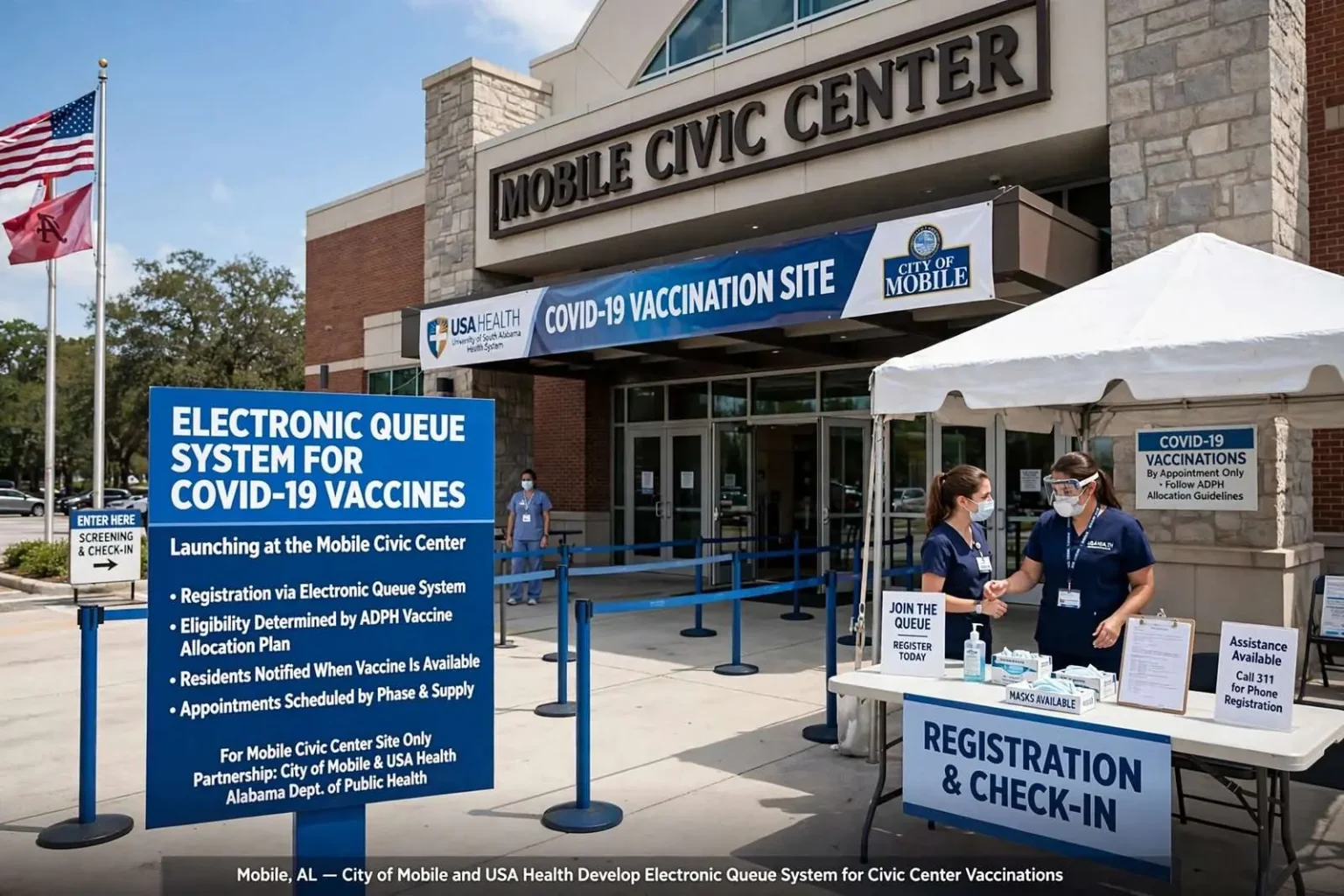 Illustration for the news story: Mobile, USA Health Building Electronic Queue System for Civic Center COVID Vaccines