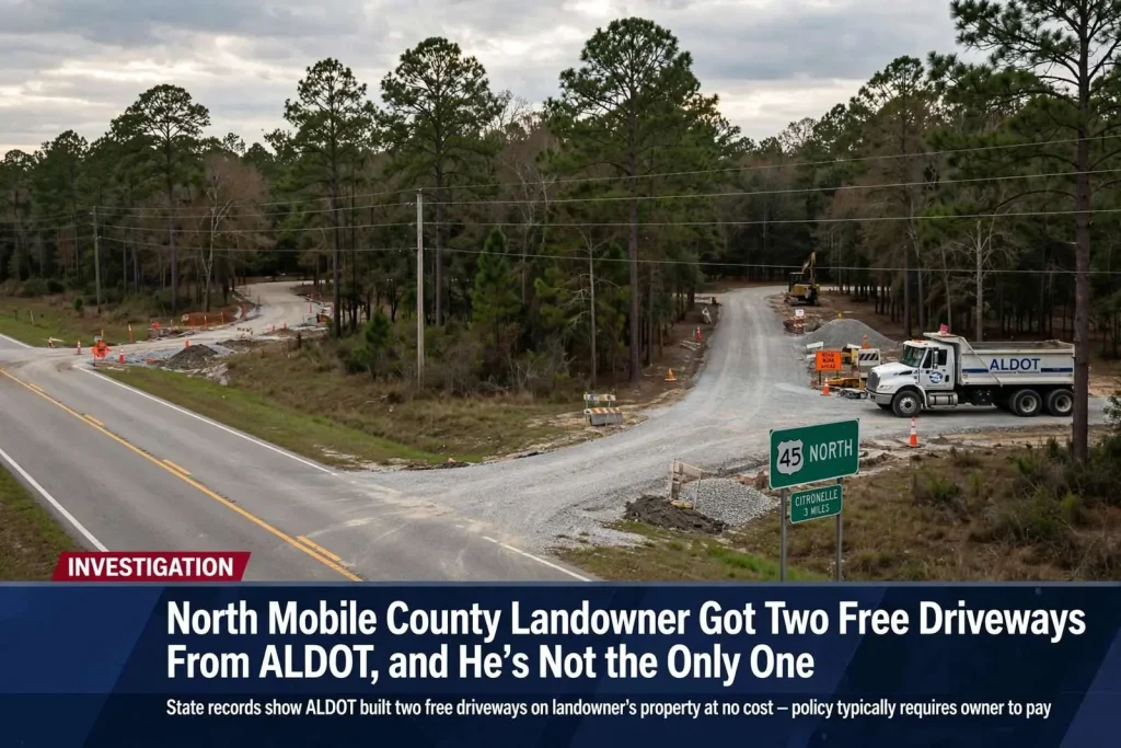 Illustration for the news story: North Mobile County Landowner Got Two Free Driveways From ALDOT, and He’s Not the Only One