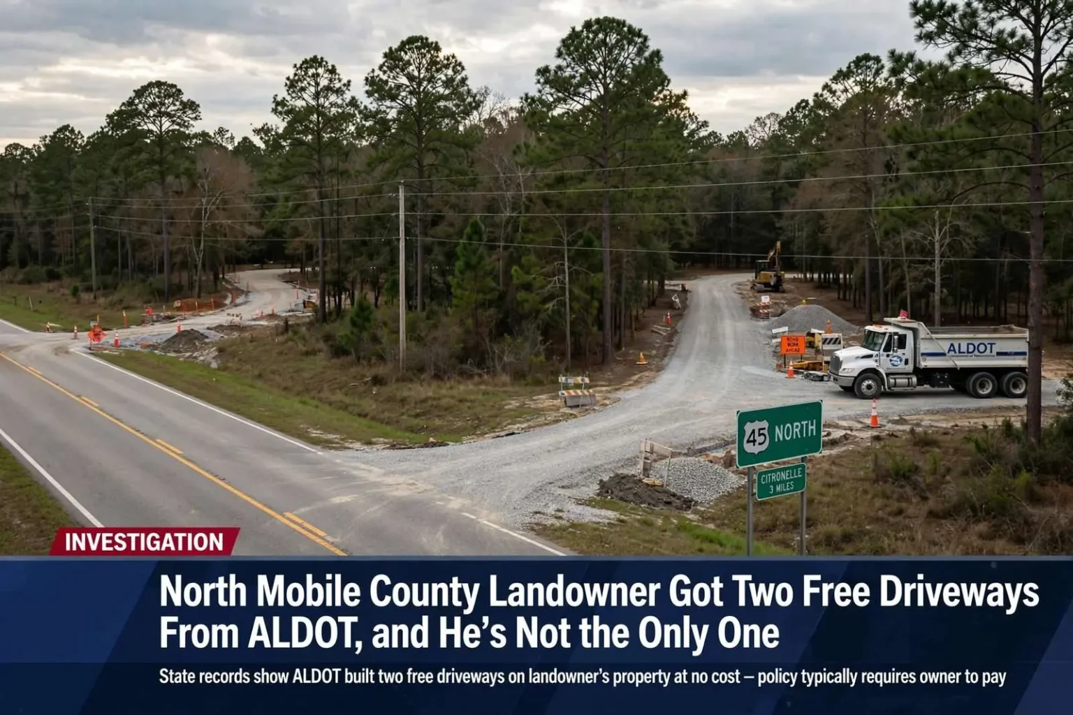 Illustration for the news story: North Mobile County Landowner Got Two Free Driveways From ALDOT, and He’s Not the Only One