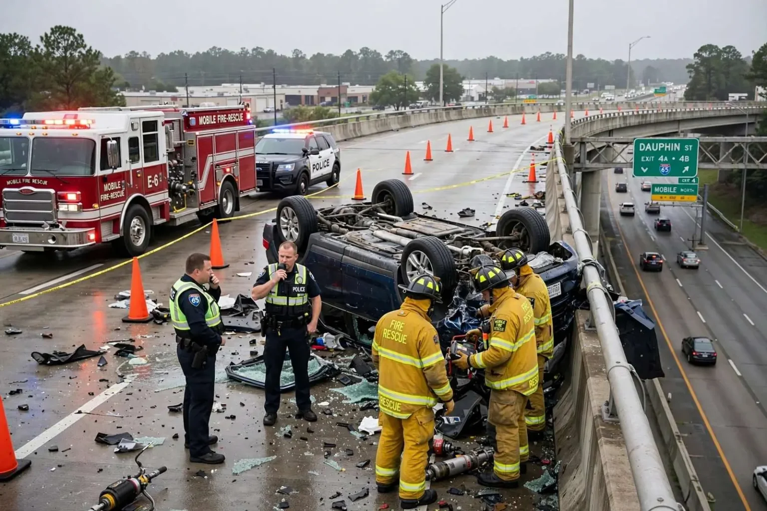 Illustration for the news story: Overturned Vehicle Reported on Dauphin Street I-65 Overpass in Mobile