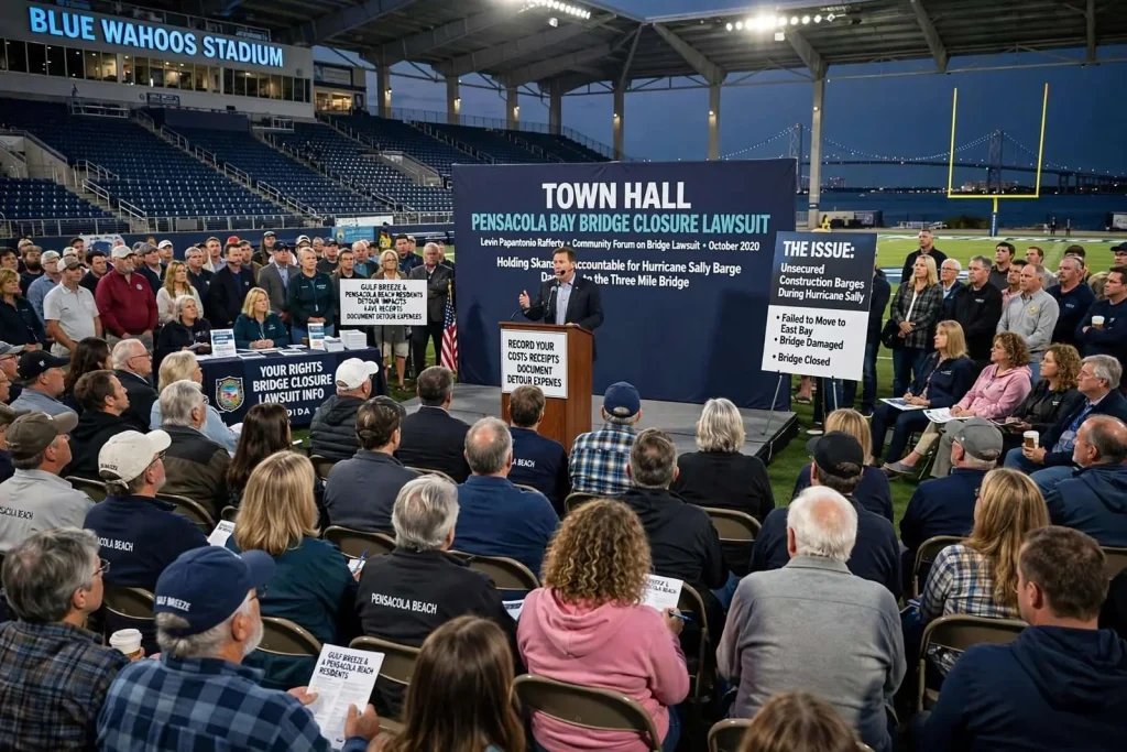 Illustration for the news story: Pensacola residents turn out for town hall on bridge closure lawsuit