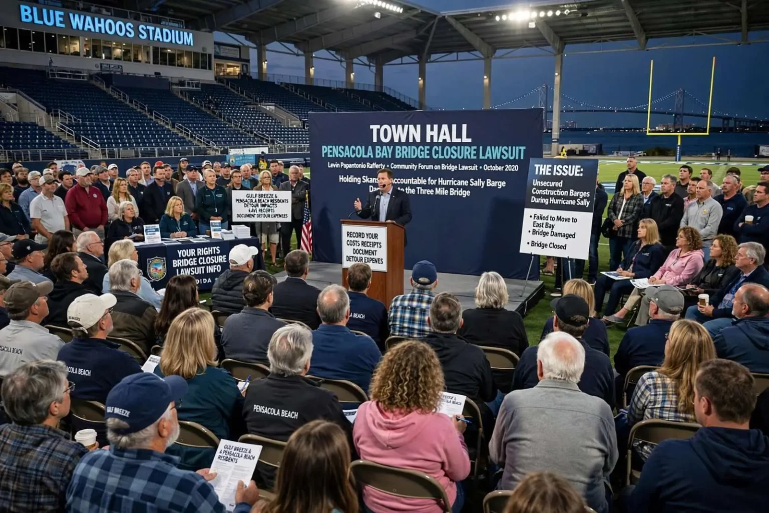 Illustration for the news story: Pensacola residents turn out for town hall on bridge closure lawsuit