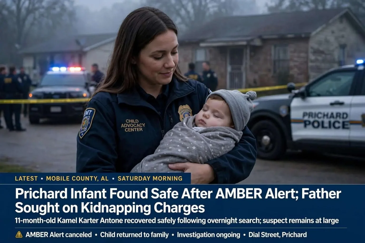 Illustration for the news story: Prichard Infant Found Safe After AMBER Alert; Father Sought on Kidnapping Charges
