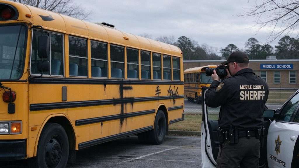 Illustration for the news story: Semmes Middle School Buses Vandalized With Nazi Symbolism, Sheriff’s Office Investigating