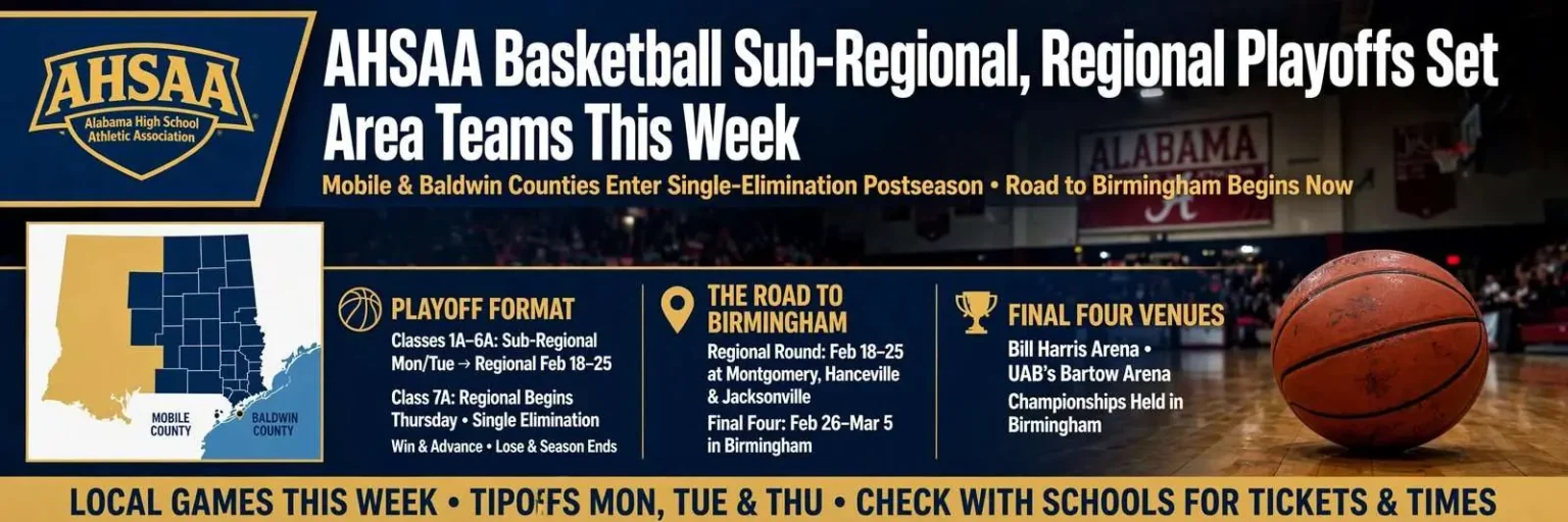Illustration for the news story: AHSAA Basketball Sub-Regional, Regional Playoffs Set for Area Teams This Week