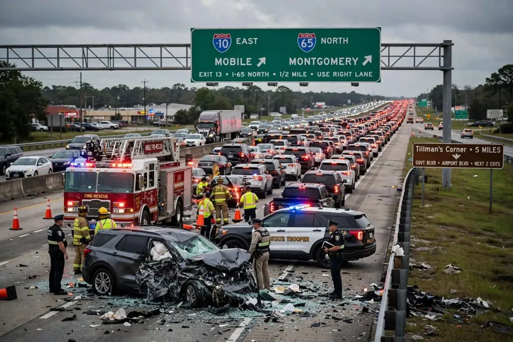 Illustration for the news story: Eastbound I-10 Crash at the I-65 Ramp Backed Up Traffic to Tillman’s Corner