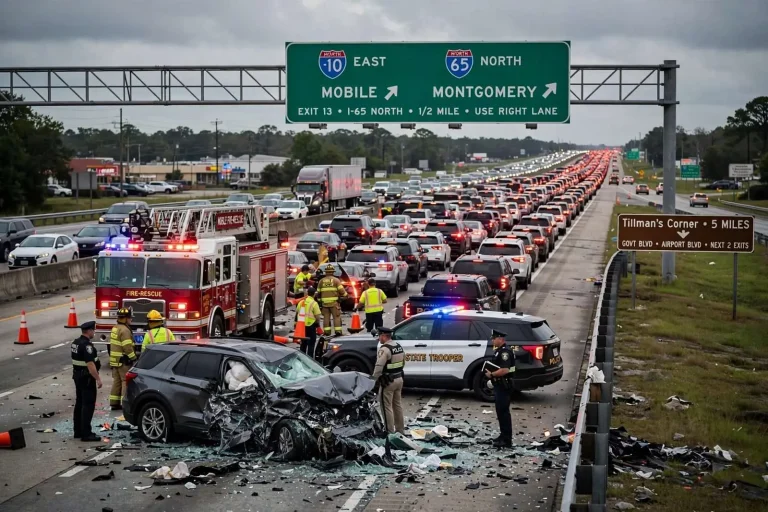 Illustration for the news story: Eastbound I-10 Crash at the I-65 Ramp Backed Up Traffic to Tillman’s Corner