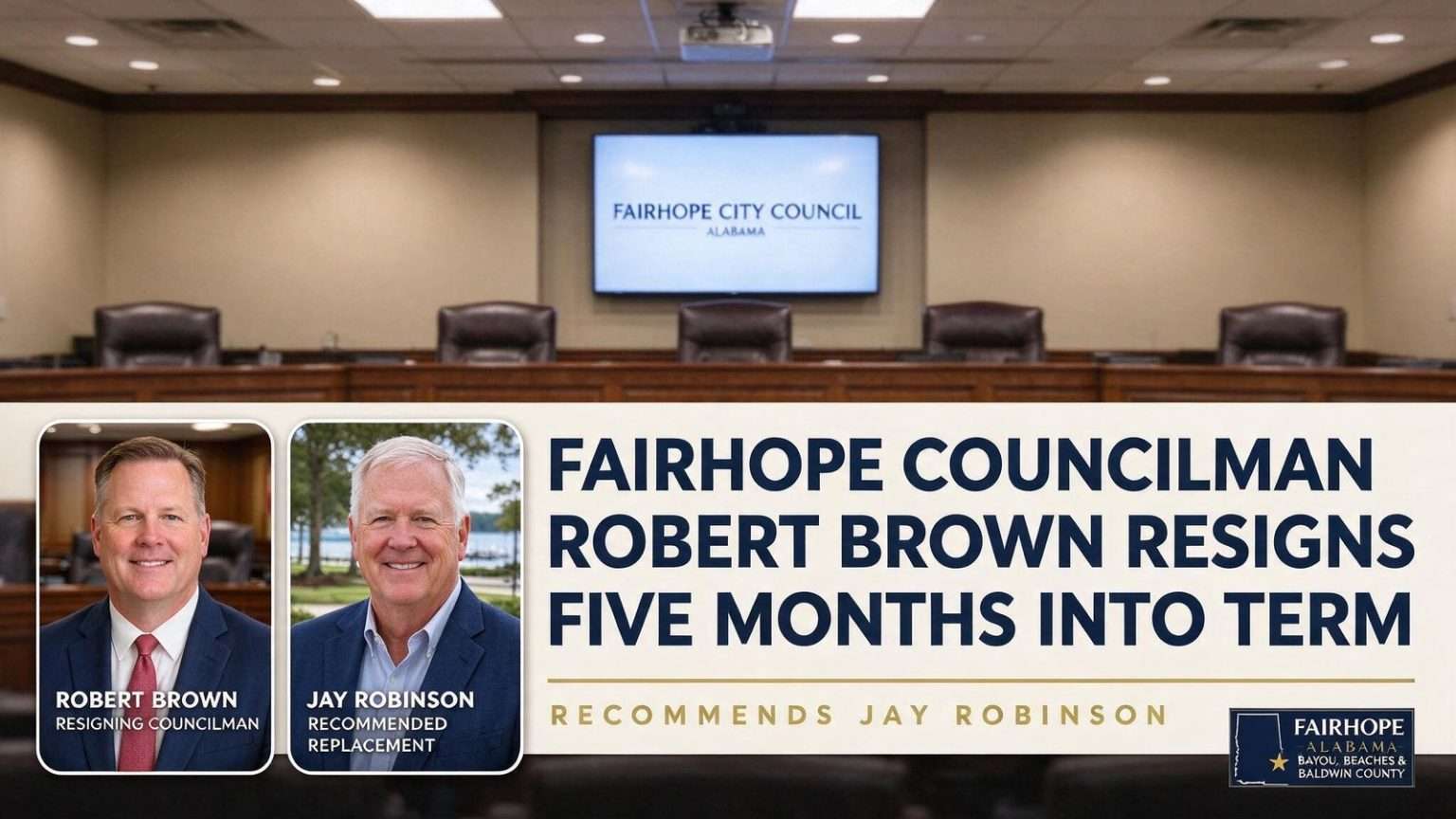 Illustration for the news story: Fairhope Councilman Robert Brown Resigns Five Months Into Term, Recommends Jay Robinson