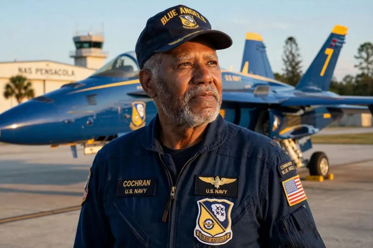 Illustration for the news story: First African American Blue Angels pilot reflects on making history 35 years later