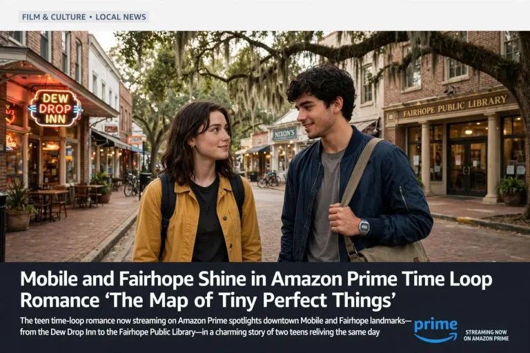 Illustration for the news story: Mobile and Fairhope Shine in Amazon Prime Time Loop Romance ‘The Map of Tiny Perfect Things’
