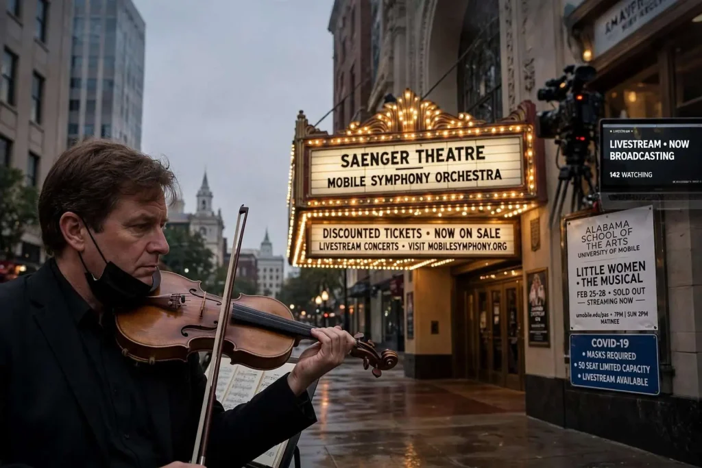 Illustration for the news story: Mobile’s Arts Groups Press On With Discounted Symphony Tickets, University Theater and Livestreamed Concerts