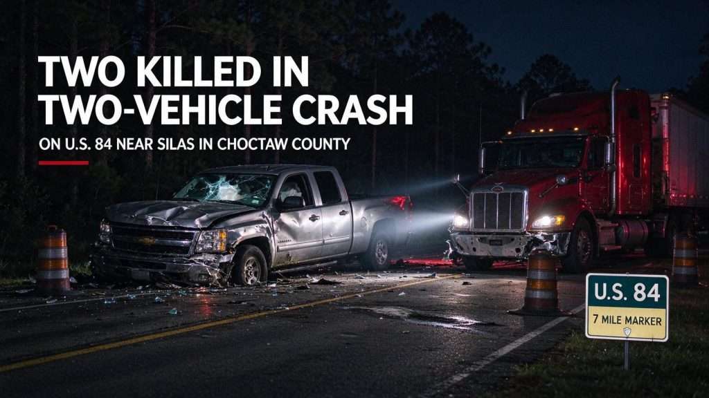 Illustration for the news story: Two Killed in Two-Vehicle Crash on U.S. 84 Near Silas in Choctaw County
