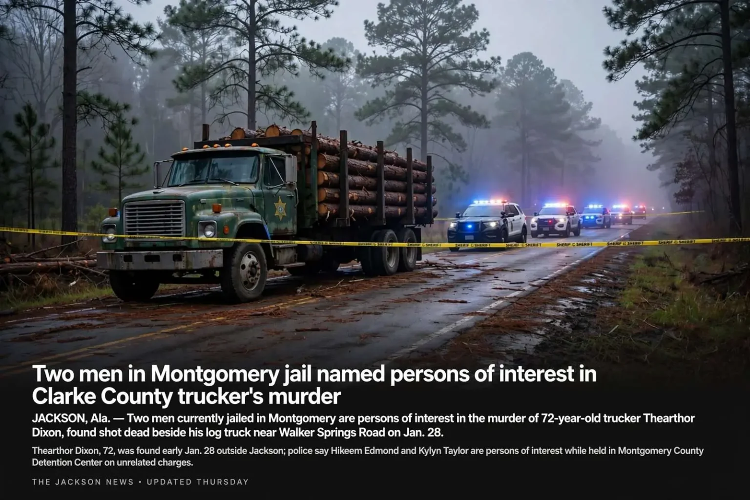 Illustration for the news story: Two men in Montgomery jail named persons of interest in Clarke County trucker’s murder