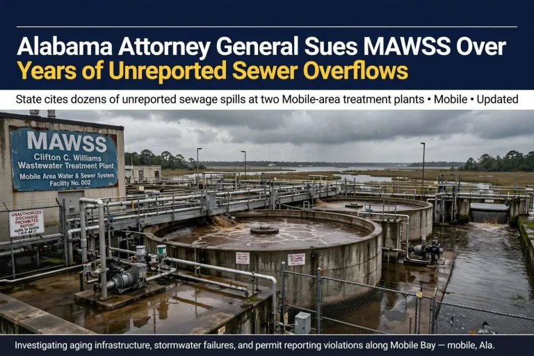 Illustration for the news story: Alabama Attorney General Sues MAWSS Over Years of Unreported Sewer Overflows