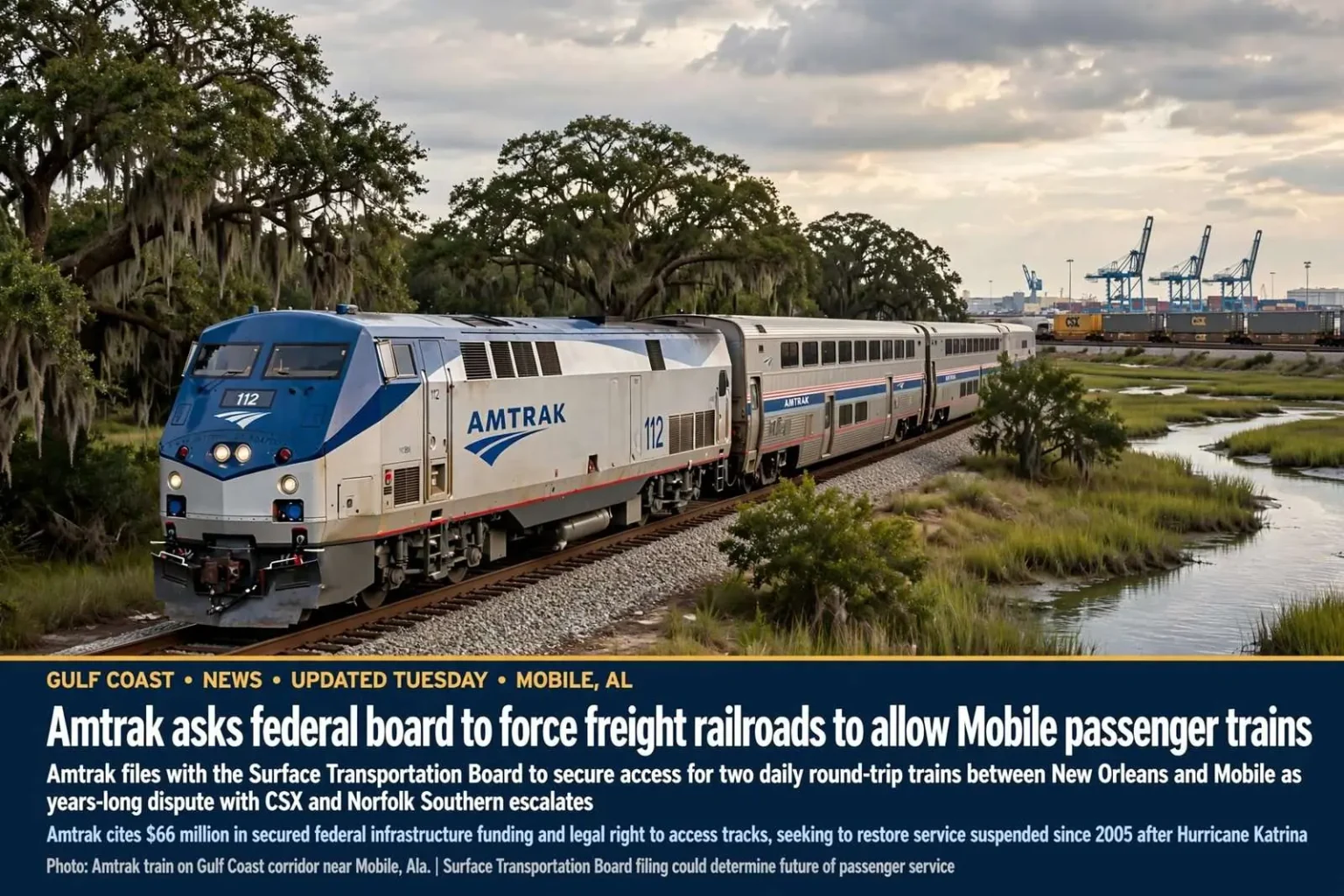 Illustration for the news story: Amtrak asks federal board to force freight railroads to allow Mobile passenger trains