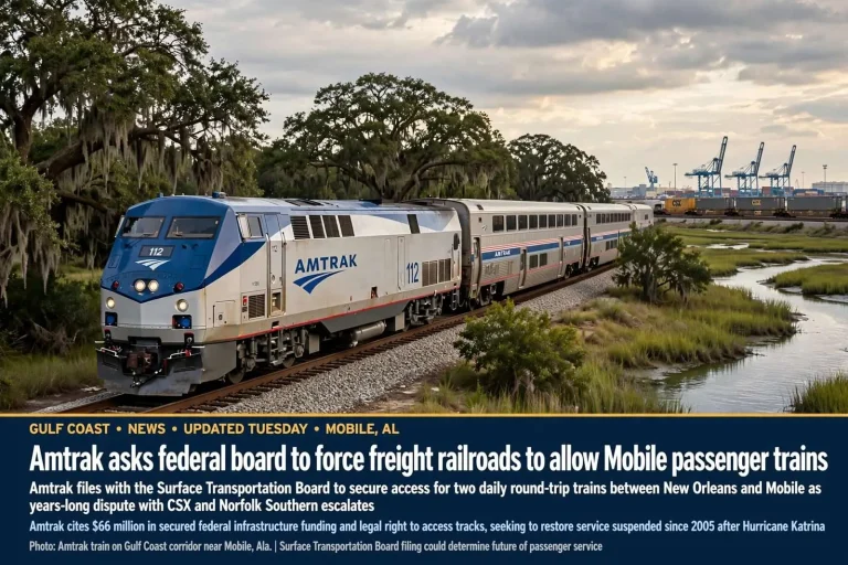 Illustration for the news story: Amtrak asks federal board to force freight railroads to allow Mobile passenger trains