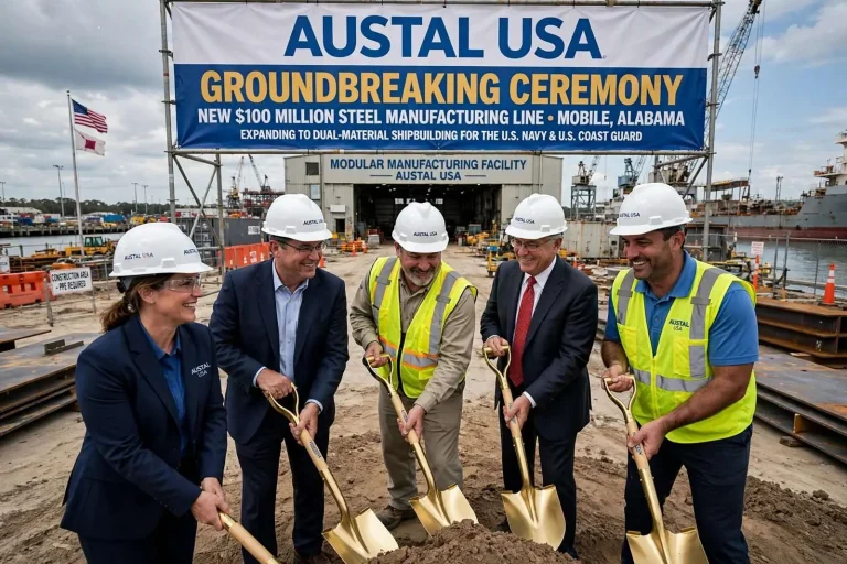 Illustration for the news story: Austal USA breaks ground on $100 million steel manufacturing line in Mobile