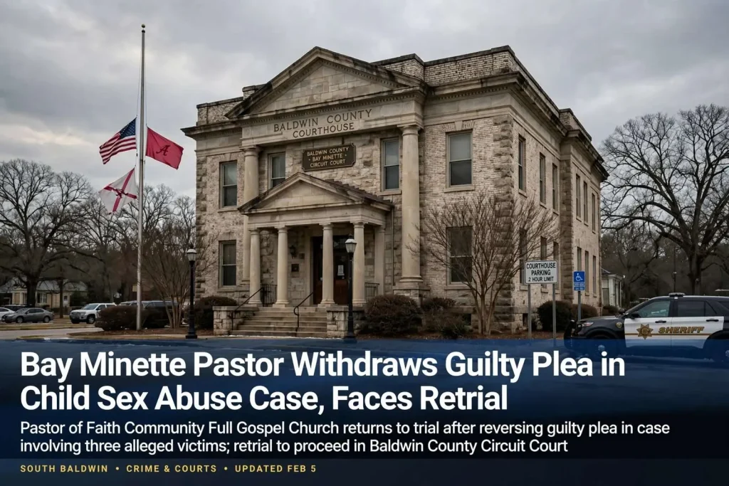 Illustration for the news story: Bay Minette Pastor Withdraws Guilty Plea in Child Sex Abuse Case, Faces Retrial
