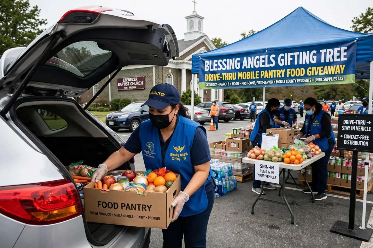 Illustration for the news story: Blessing Angels Gifting Tree Hosts Drive-Thru Food Giveaway at Ebenezer Baptist Church