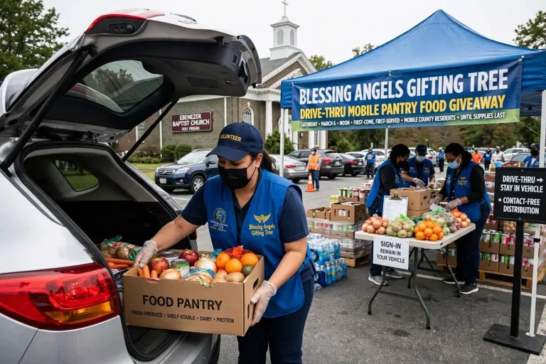 Illustration for the news story: Blessing Angels Gifting Tree Hosts Drive-Thru Food Giveaway at Ebenezer Baptist Church