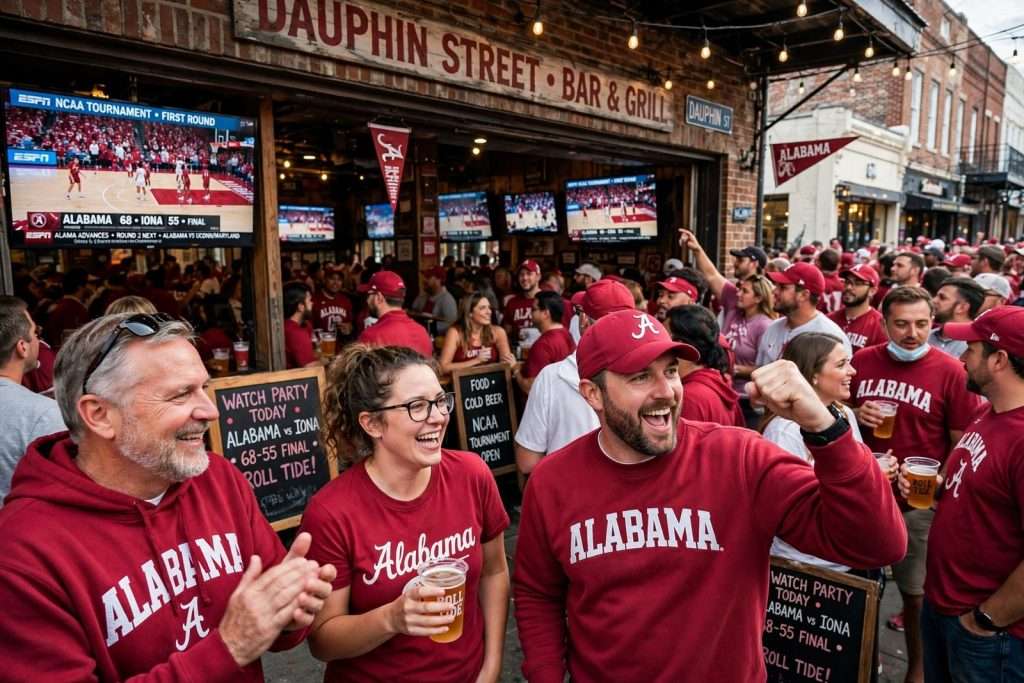 Illustration for the news story: Crimson Tide Fans Pack Downtown Mobile Bars for NCAA Tournament First Round