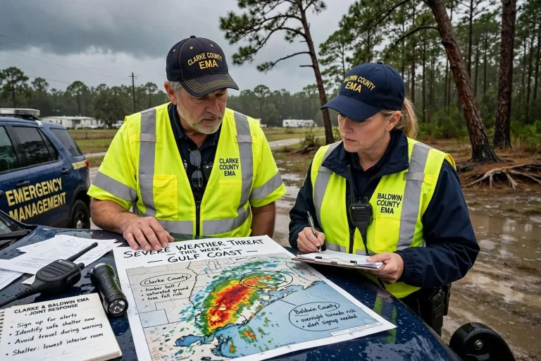 Illustration for the news story: Emergency officials across the coast prepare for severe weather threat