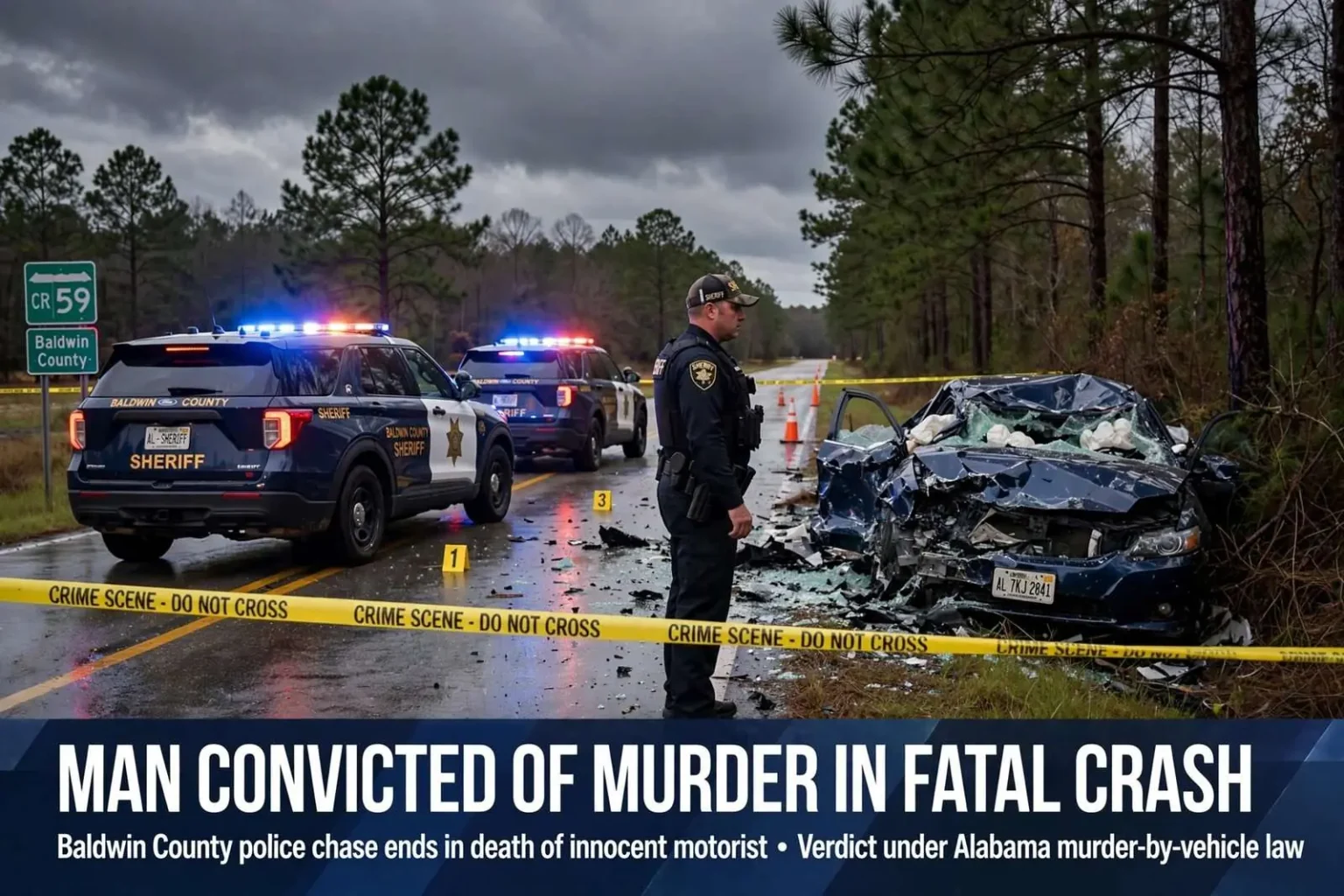 Illustration for the news story: Man Convicted of Murder in Fatal Crash That Ended Baldwin County Police Chase