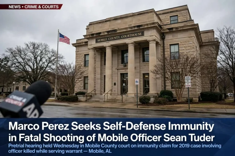 Illustration for the news story: Marco Perez Seeks Self-Defense Immunity in Fatal Shooting of Mobile Officer Sean Tuder
