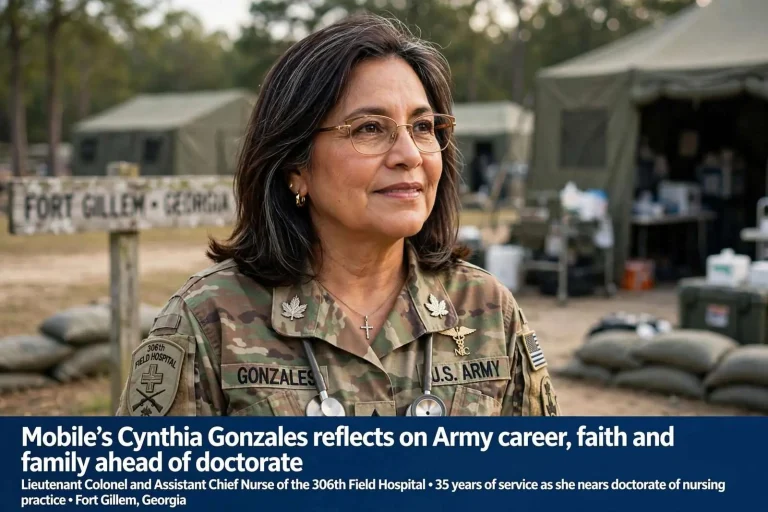 Illustration for the news story: Mobile’s Cynthia Gonzales reflects on Army career, faith and family ahead of doctorate