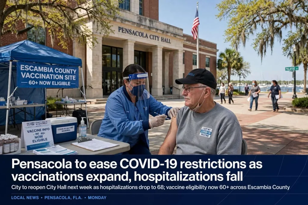 Illustration for the news story: Pensacola to ease COVID-19 restrictions as vaccinations expand, hospitalizations fall