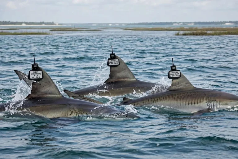 Illustration for the news story: Two Great Whites and a Tiger Shark Tracked in Waters Off Mobile Bay