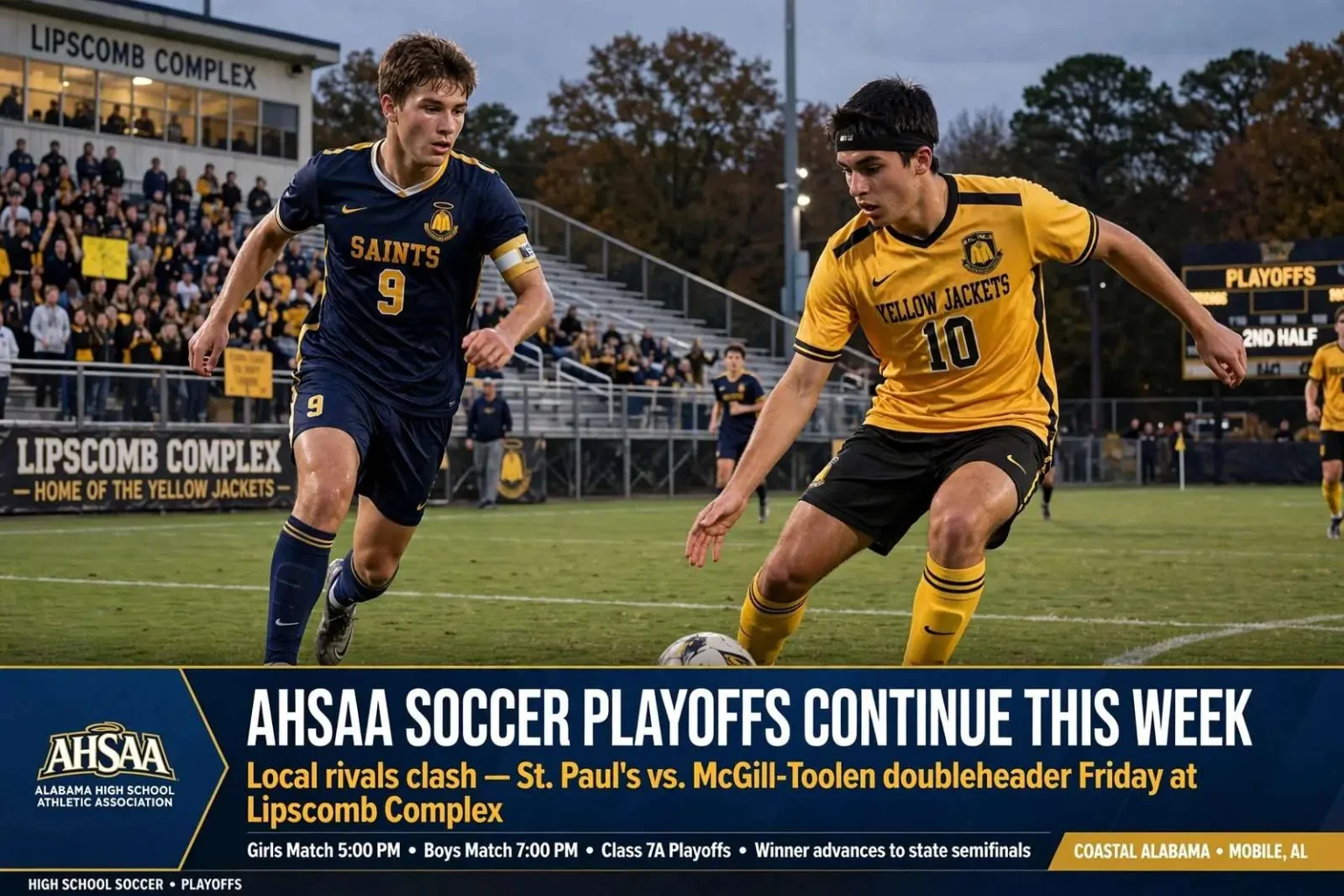 Illustration for the news story: AHSAA soccer playoffs continue this week with local rivals clashing