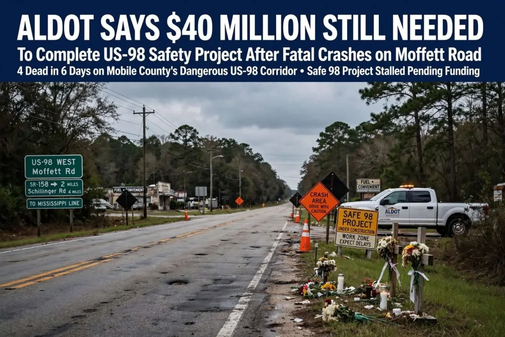 Illustration for the news story: ALDOT Says $40 Million Still Needed to Complete US-98 Safety Project After Fatal Crashes on Moffett Road