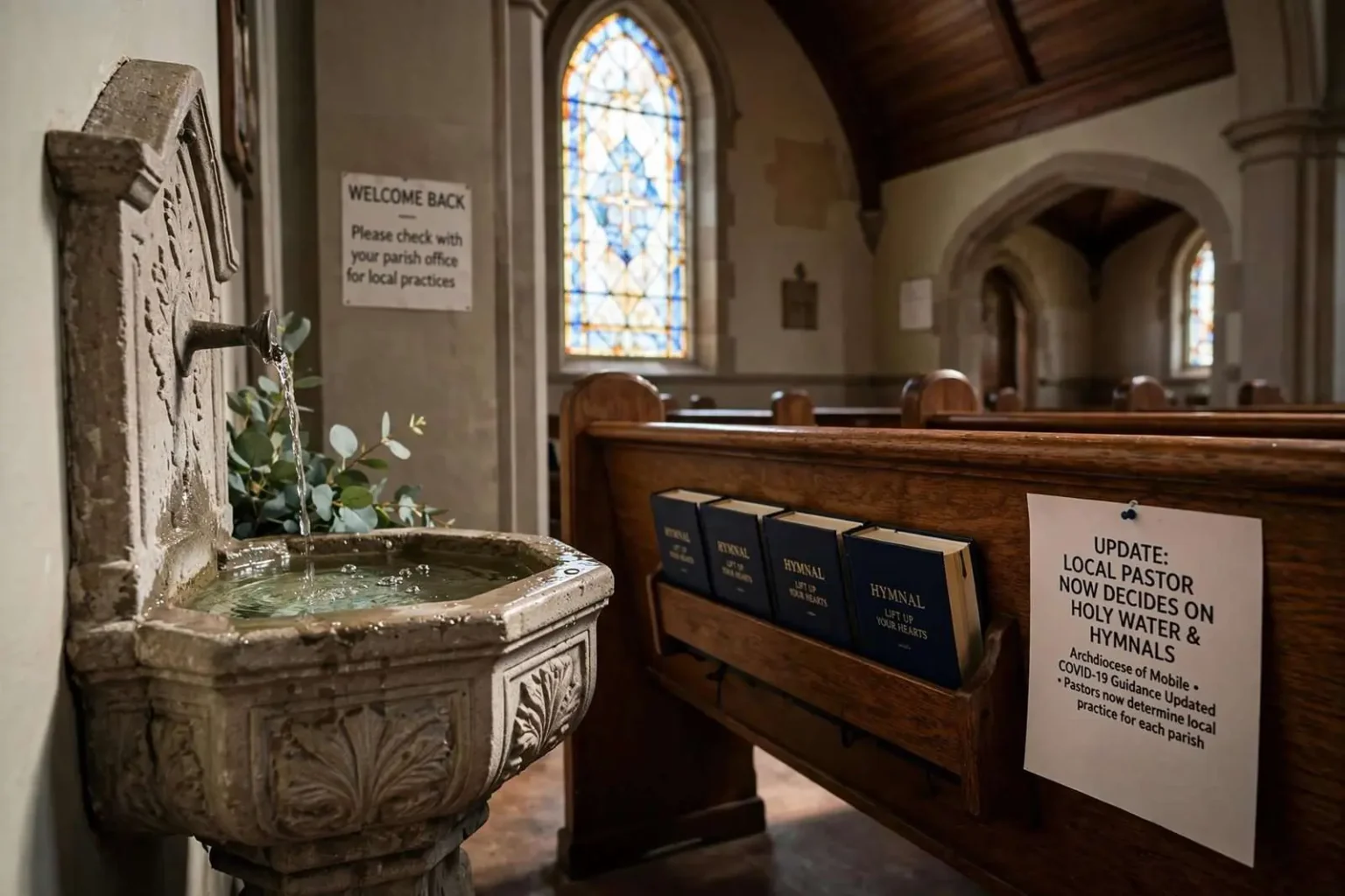 Illustration for the news story: Archdiocese of Mobile eases COVID-19 rules as pastors regain say over Holy Water, hymnals