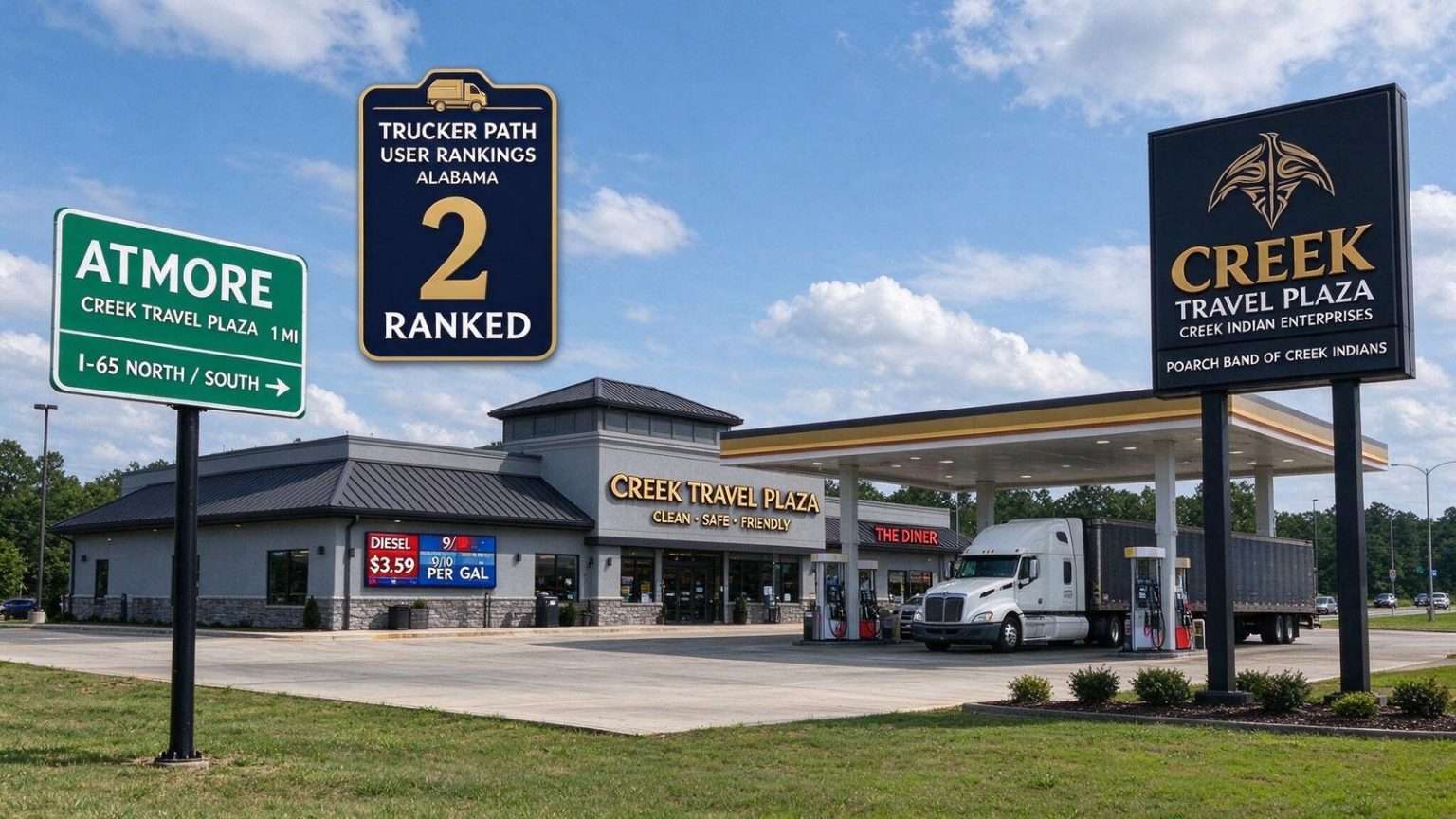 Illustration for the news story: Atmore’s Creek Travel Plaza Ranked No. 2 Truck Stop in Alabama by Trucker Path Users