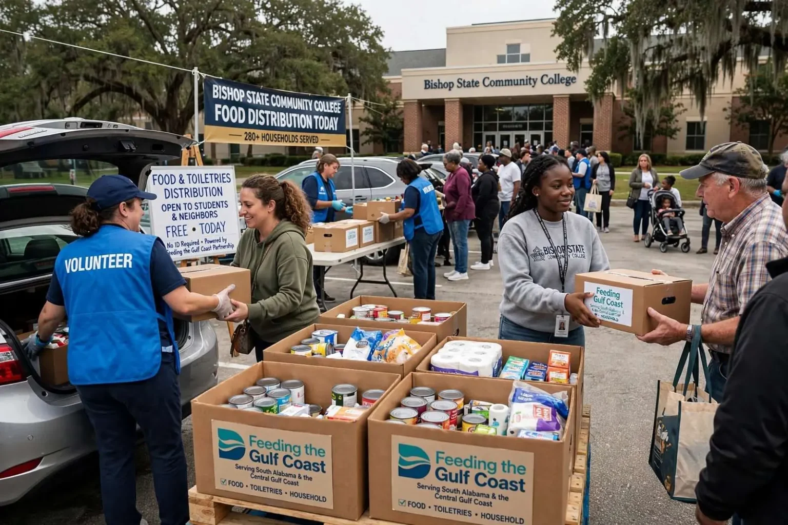 Illustration for the news story: Bishop State Hands Out 280-Plus Food Boxes to Students and Neighbors