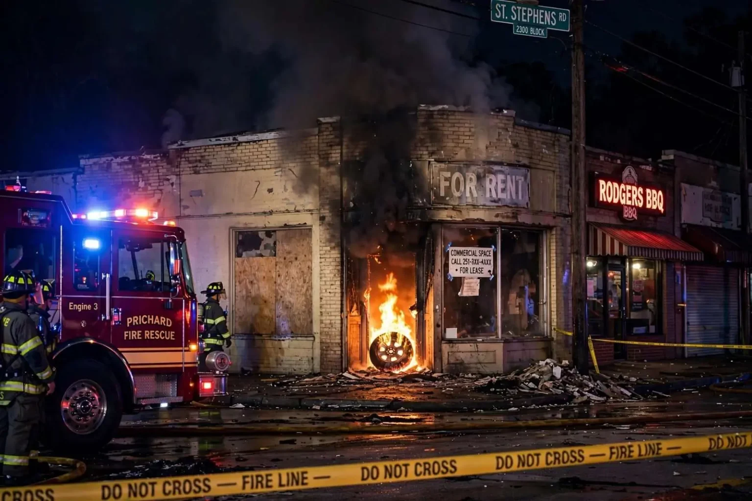 Illustration for the news story: Burning Tire May Have Sparked Building Fire on St. Stephens Road in Prichard
